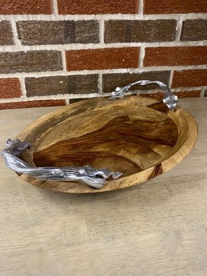 Vintage Pier 1 Wood Oval Serving Tray Pewter Leaf Twig Handle Charcuterie