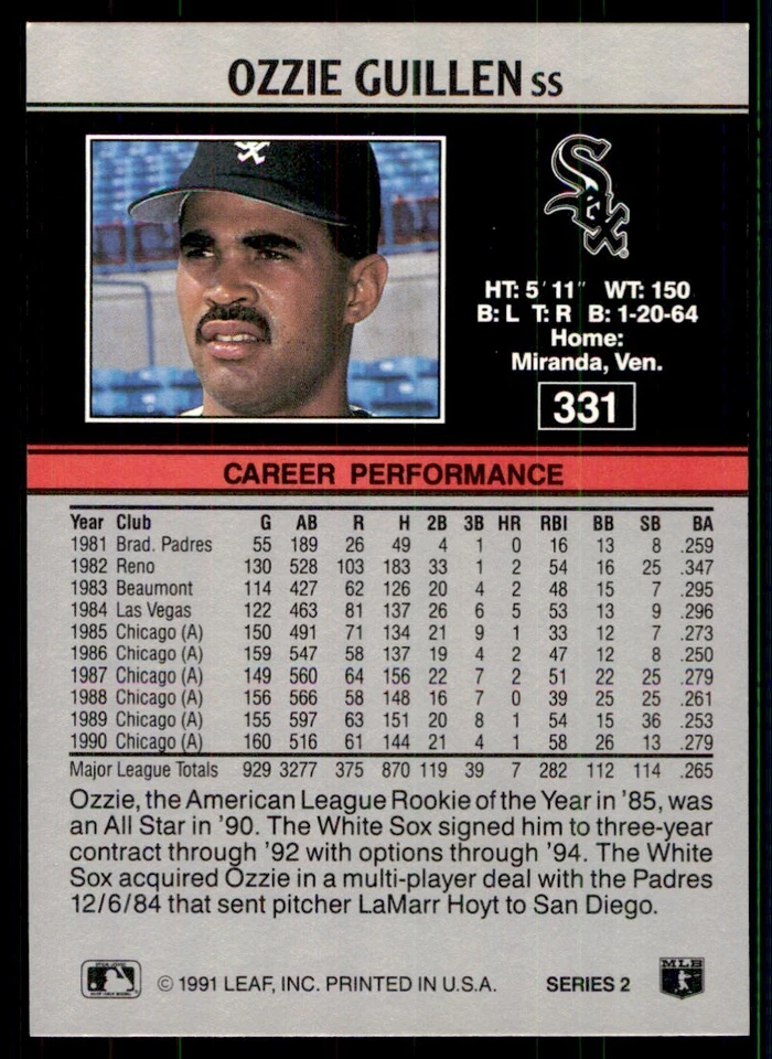 1991 Leaf Ozzie Guillen Chicago White Sox #331 - Image 2 of 2