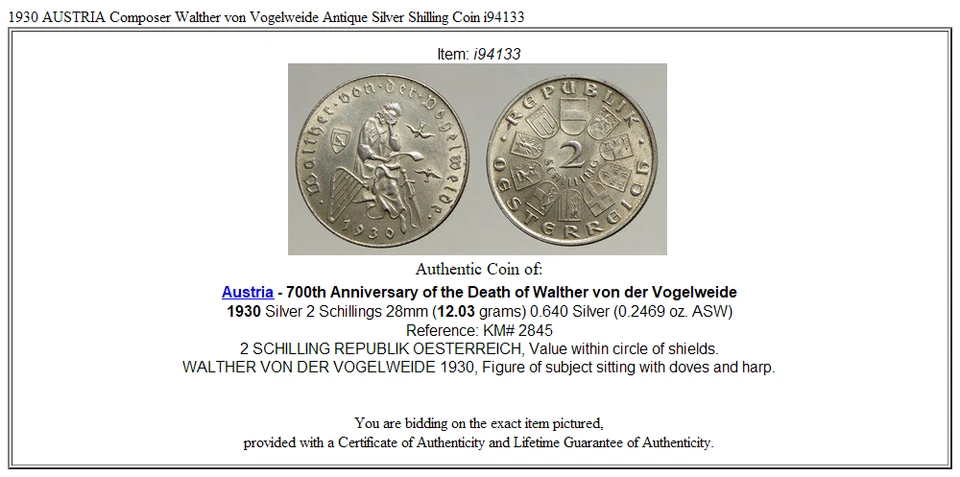 1930 AUSTRIA Composer Walther von Vogelweide Antique Silver Shilling Coin i94133 - Image 3 of 3