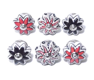 Schrankknöpfe / Möbelknöpfe Keramik , Beige - Schwarz- Rot 6 Stück im