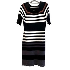 Allison Brittney Knit Quarter Sleeve Dress Black White & Brown Stripes Medium