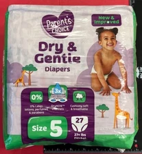 Parents Choice Dry & Gentle Diapers Size 5 27 Ct 27+ Lbs 0% Lotions & Fragrances