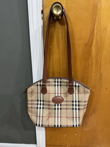 Vintage Burberrys Leather Nova Check Shoulder Bag Tote Purse Made In Italy