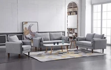 Modern 3PC Sofa Set w/ Throw Pillows, Soft Linen Upholstered Couch Set, Gray