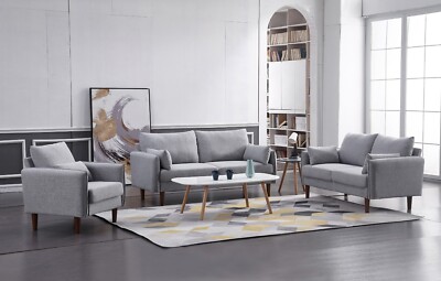 Modern 3PC Sofa Set w/ Throw Pillows, Soft Linen Upholstered Couch