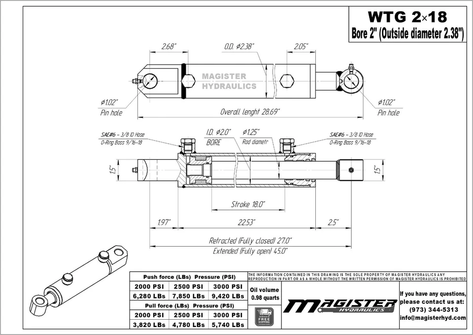 Hydraulic Cylinder Welded Double Acting 2" Bore 18" Stroke Tang 2x18 WTG NEW - Image 2 of 4