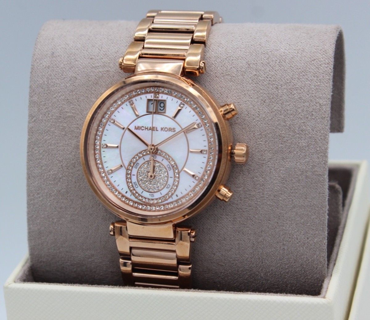 New Authentic Michael Kors Sawyer Crystals Rose Gold Women's