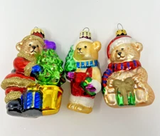 Christmas Lot Of 3 Assorted Teddy Bear Glass Ornaments