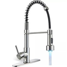 Commercial Brushed Nickel LED Spring Kitchen Sink Faucet Pull Down Spray w/Cover