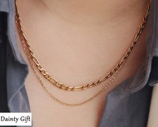Women Girl Titanium Stainless Steel Figaro Chain Double Chain Necklace 16-18"