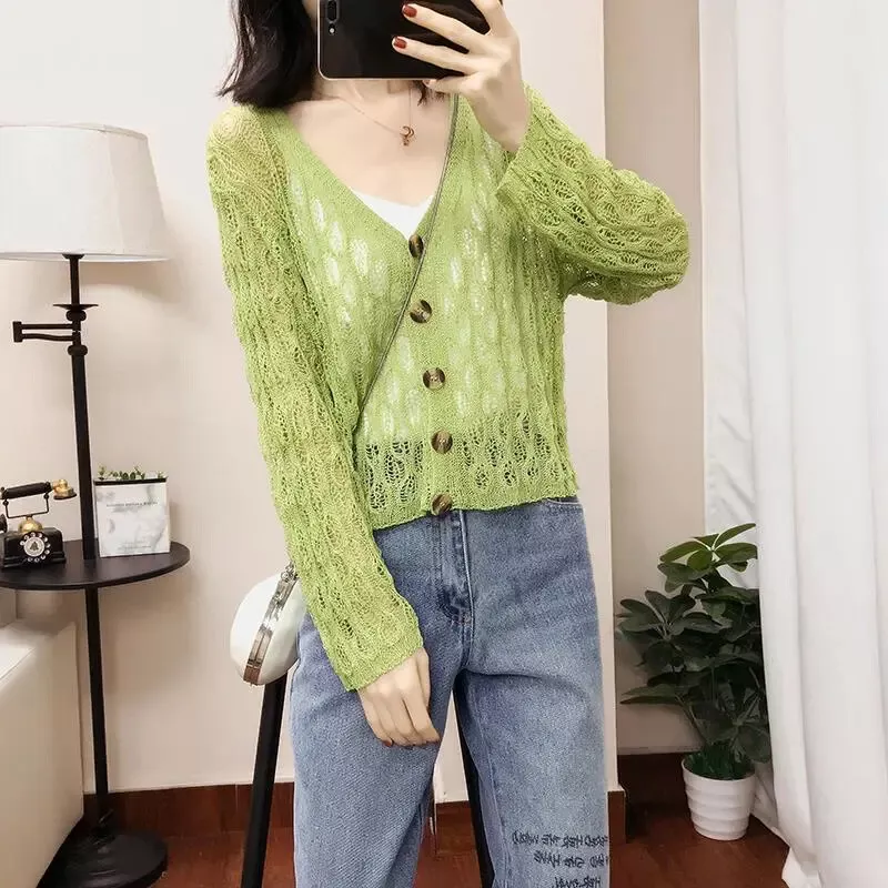 Lady Knitted Cardigan V neck Thin Cutout Sweater Sunscreen Button