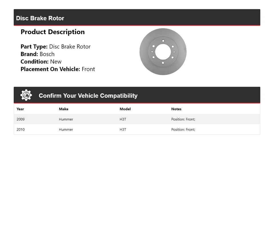 Rotor de freno de disco delantero para Hummer H3T Bosch QuietCast 2009-2010 Foto 2 de 4