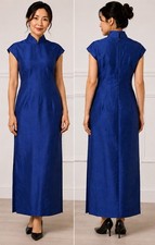 Vintage Blue Qipao Cheongsam Dress Mandarin Collar Shantung Silk Look Formal