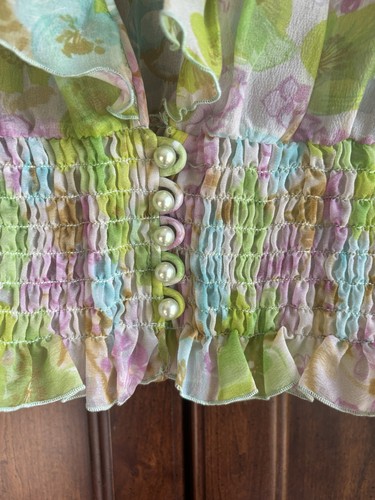 Vintage Y2K Fairy Top S Floral Pastel Crop Blouse Sheer Long Sleeve Boho Cottage - Picture 3 of 8