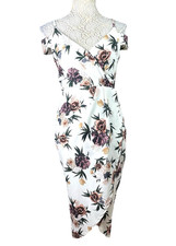 Boohoo Wrap Midi Dress Women’s UK Size 10 White Floral Cold Shoulder Cap Sleeve