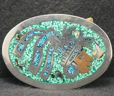 XD07104 VERY COOL VINTAGE 1970s  AZTEC ARTWORK  MENS SILVERTONE BELT BUCKLE