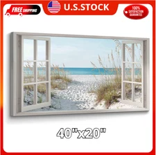 Beach Window Wall Art Canvas Relaxing Bedroom Living Room Blue Ocean Coastal