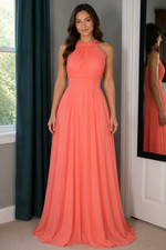 Allure Bridals Bridesmaid Salmon Halter Pleated Chiffon Maxi Gown Dress Size 8