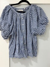 Doen June Gingham Puff-Sleeve Top sz M Excellent  Blue/white