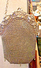 ANTIQUE ART NOVEAU GERMAN SILVER MESH PURSE REPOUSSE FRAME ORIGINAL LINING