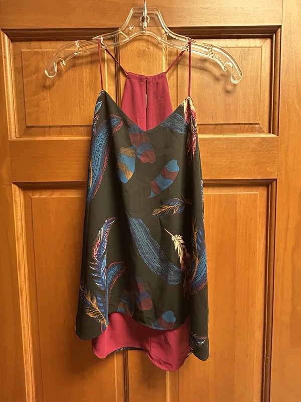 Express Barcelona Reversible Cami Top XS | Feather Print & Wine Red Satin Tank