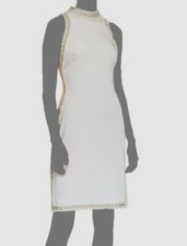 Mac Duggal Women's White Sleeveless Beaded Pearlescent Trim Sheath Dress Size 8