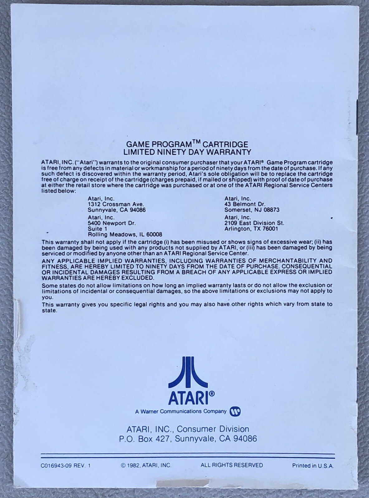 Defender Atari 2600 Instruction Manual Booklet NO GAME C016943-09 Rev ...