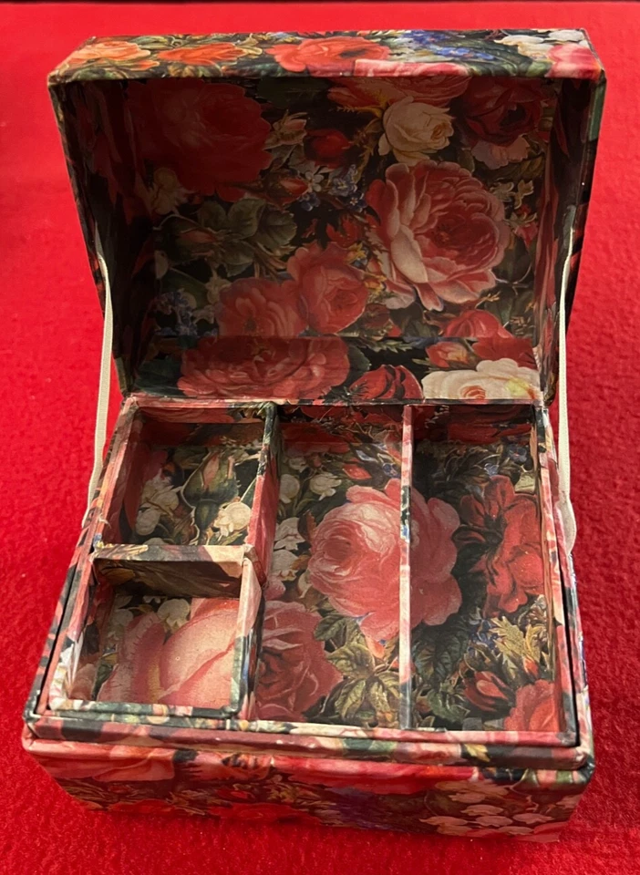 Vtg Treasure Chest Paperboard Storage Pink Red Roses Jewelry Trinket Box - Image 2 of 4