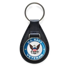 U.S. Navy Veteran Black Leather Keychain Silver Keyring Military Gift