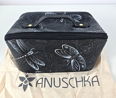 Anuschka Hand Painted Leather Large Cosmetic Makeup Case Tooled Dragonfly