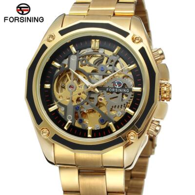 Luxury Golden Skeleton Automatic Self Wind Men's Mechanical Watch Steel Strap NR
