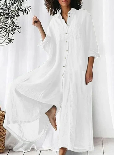 Verano Mujeres Lino Abotonado Manga Larga Pierna Ancha Mono Playa Palazzo Pantalones - Imagen 14 de 52