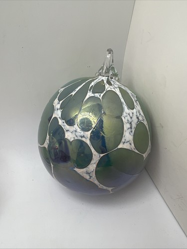 Hand Blown Christmas Ornament Art Glass Orb Ball 3” Iridescent Green Blue White - Picture 2 of 6