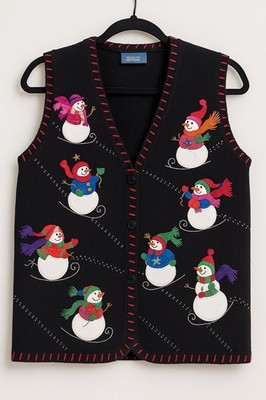 Holiday Editions Knit Vest Womens 1X Button Snowman Winter Ugly Sweater Granny