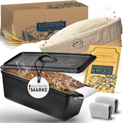 Brotbackform aus Gusseisen mit Deckel inkl. Gärkorb, Silikongriffe Brotform Guss
