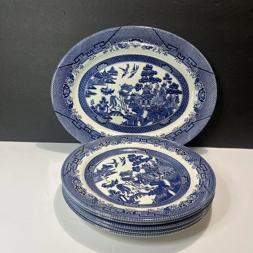 6 piece, Vintage Blue Willow  Churchill England Queen's