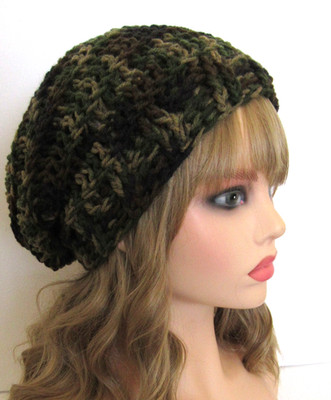SLOUCHY BEANIE HAT CAP RIBBED BLACK GREEN MIX   TEXTURED EDGE HANDMADE CROCHET