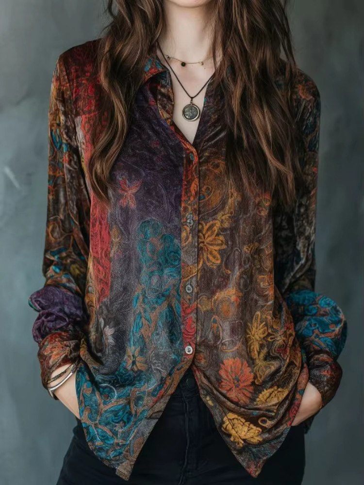 Vintage Flower Printed Long Sleeve Women Velvet Shirt Commute Single Breasted Of