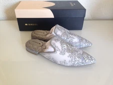Birdies The Dove Embroidered Flower Mule Silver Lace Slip On Flats - Choose Size