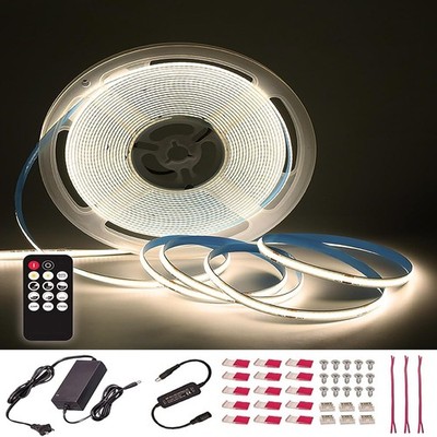 50ft/15m COB LED Strip Light 24V 3000K/4000K/6500K White with Adapter and Remote