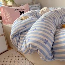 Bow Duvet Cover Queen Size Blue Striped Bowknot Bedding Set 3 Pieces Kawaii G...