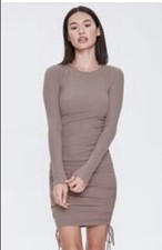 Forever 21 Taupe Knit Ruched Bodycon Mini Crew Neck Long Sleeve Dress Size S