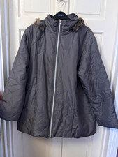 Anne de Lancay Womens Grey Quilted Hooded Jacket Faux Fur Trim Zip Size L