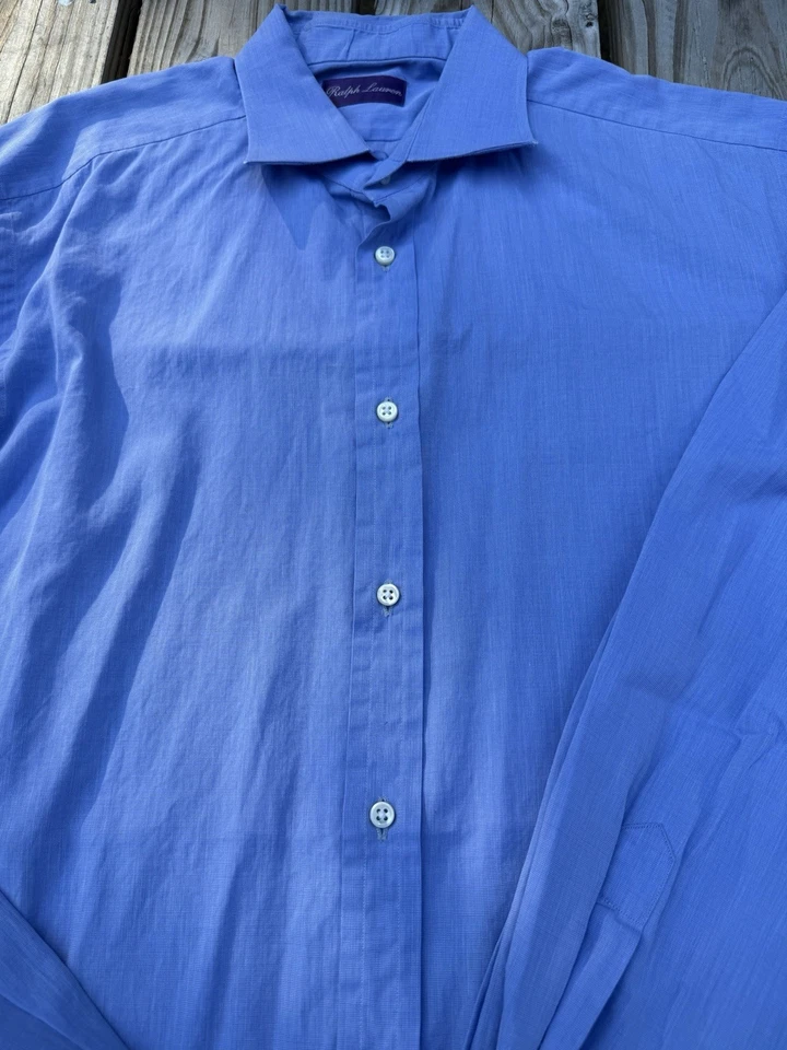 Ralph Lauren Purple Label Dress Shirt 17 Large Blue  Cotton Italy Made Spread - Image 3 of 4
