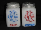 Vintage Hazel Atlas Salt & Pepper ~ Milk Glass ~ Sailboat ~ Hoosier Set