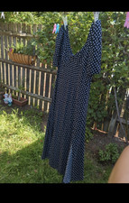ASOS Cotton A-Line Long Dress M Black/White Polka Dot V-Neck Cap Sleeve