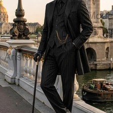Men's Black Pinstripe Tailcoat 3 Piece Suit Gothic Victorian Wedding Formal Set