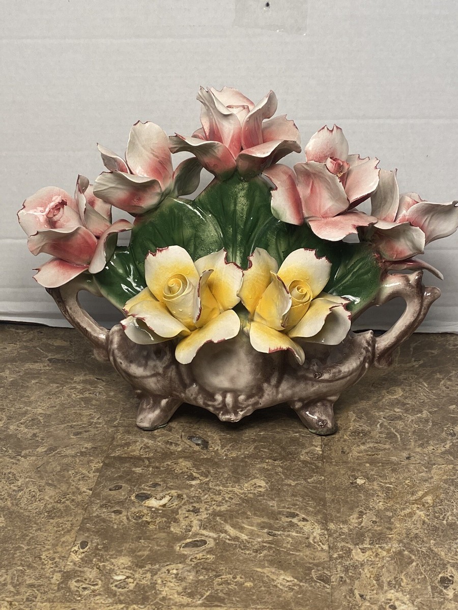 Vintage Nuova Capodimonte Pink And Yellow Roses Porcelain Bouquet