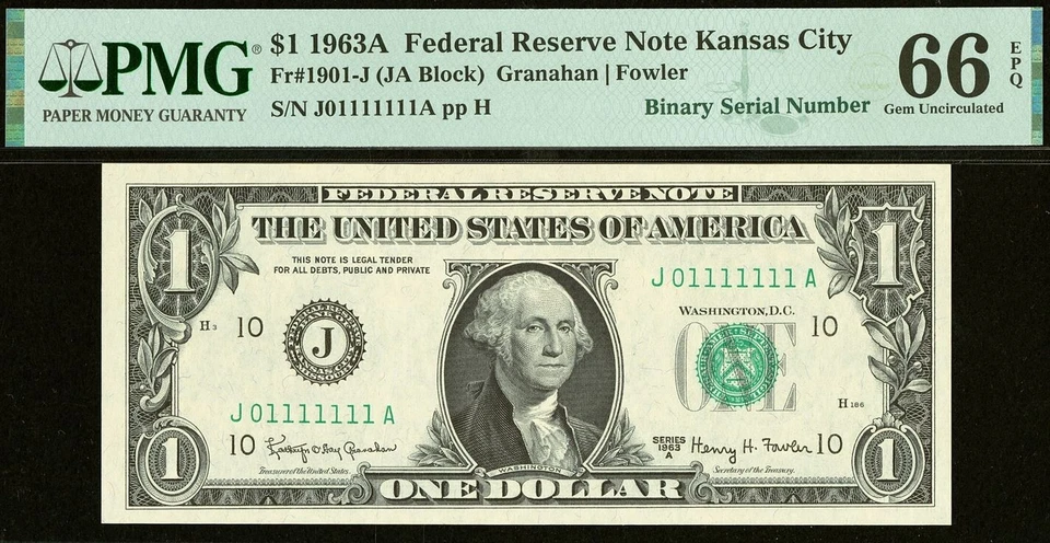 1963A $1 FRN Kansas City PMG 66EPQ - Near Solid Binary Serial Number 01111111 - Image 2 of 3