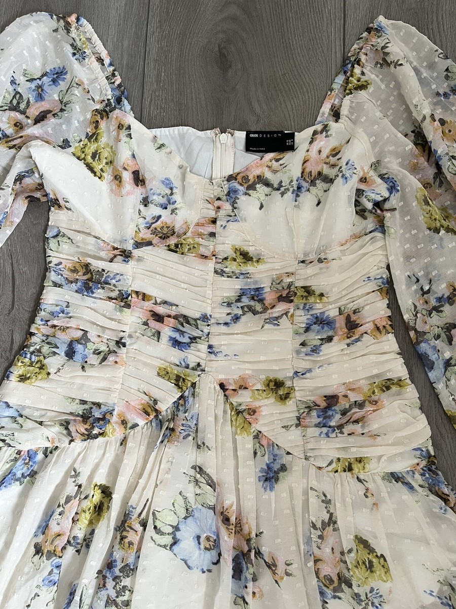white christmas dresses Asos Design Long Sleeve Mini Shirt Dress In Cream Ditsy Floral main image 1